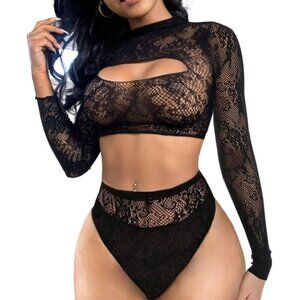 Women's Black Lingerie Imported Front Open Bodysuit Sexy Nightwear Pajamas Set